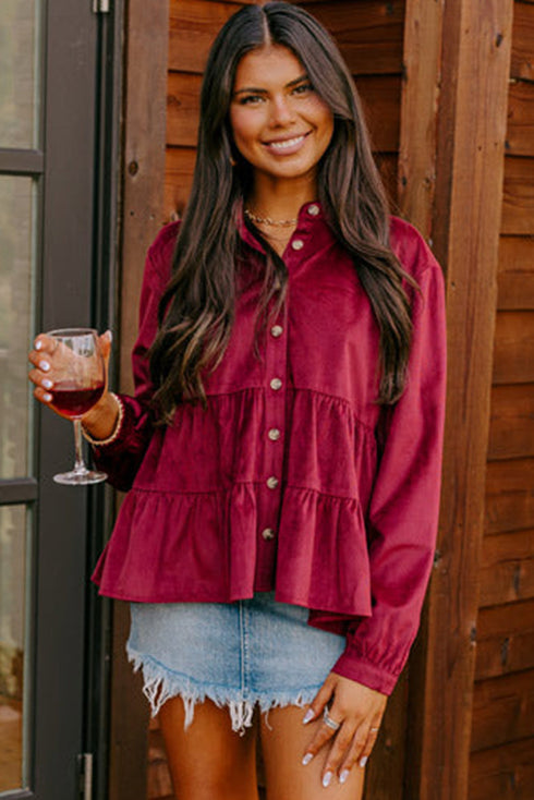 Long Sleeve Tiered Corduroy Button Down Shirt