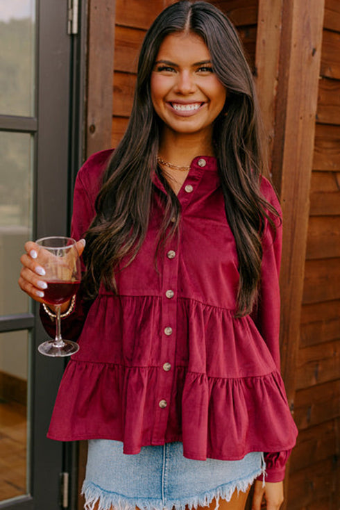 Long Sleeve Tiered Corduroy Button Down Shirt