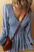Long Sleeve V Neck Smocked Tie Mini Dress