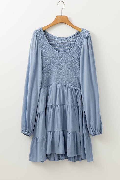 Long Sleeve V Neck Smocked Tie Mini Dress