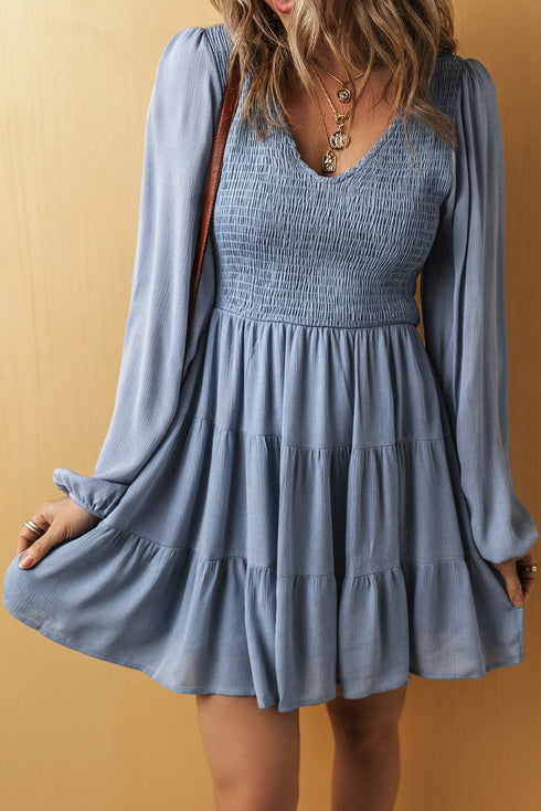 Long Sleeve V Neck Smocked Tie Mini Dress