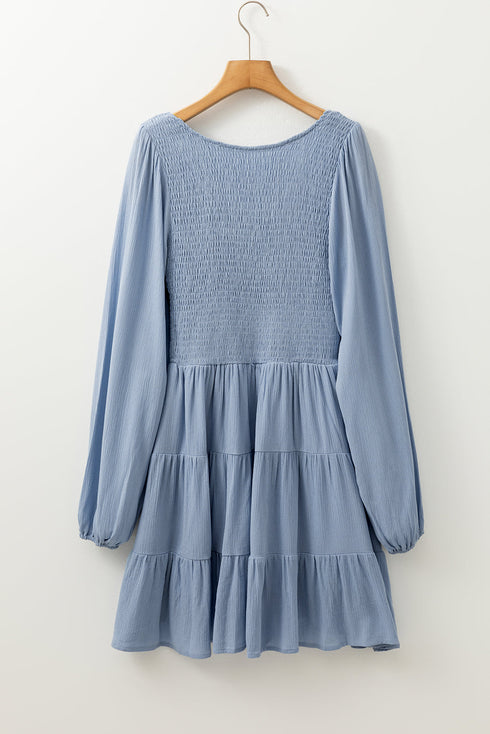 Long Sleeve V Neck Smocked Tie Mini Dress