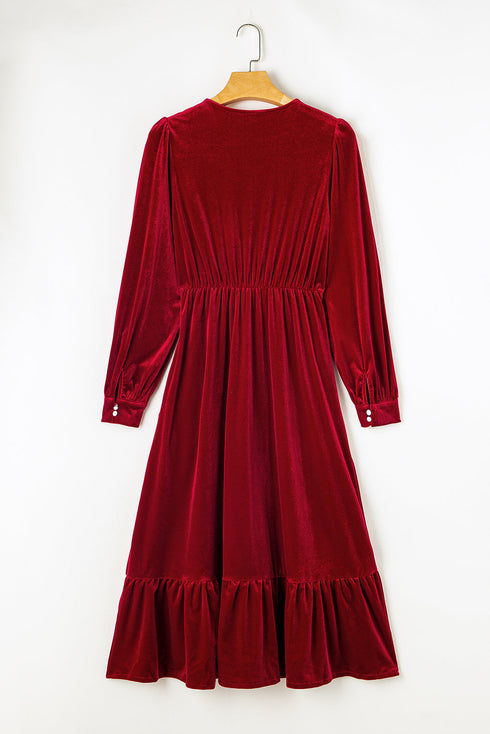 Long Sleeve Velvet Button Front Tiered Midi Dress