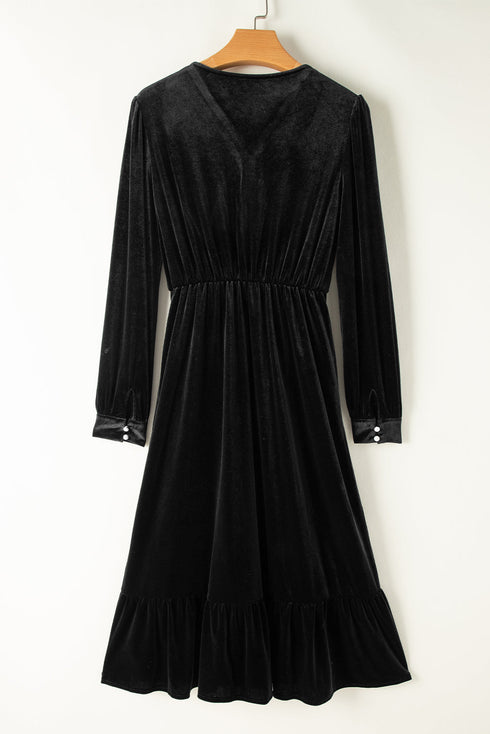 Long Sleeve Velvet Button Front Tiered Midi Dress