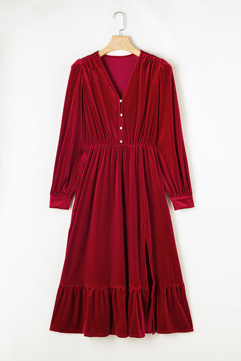 Long Sleeve Velvet Button Front Tiered Midi Dress