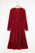 Long Sleeve Velvet Button Front Tiered Midi Dress
