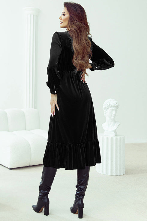 Long Sleeve Velvet Button Front Tiered Midi Dress