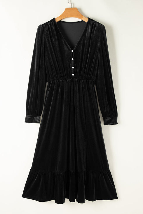 Long Sleeve Velvet Button Front Tiered Midi Dress