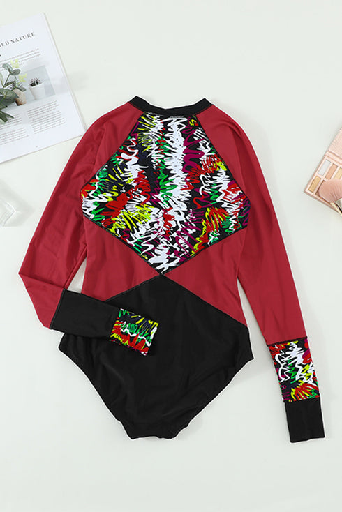 Long Sleeve Zip Front Abstract Print Surf Swimsuit
