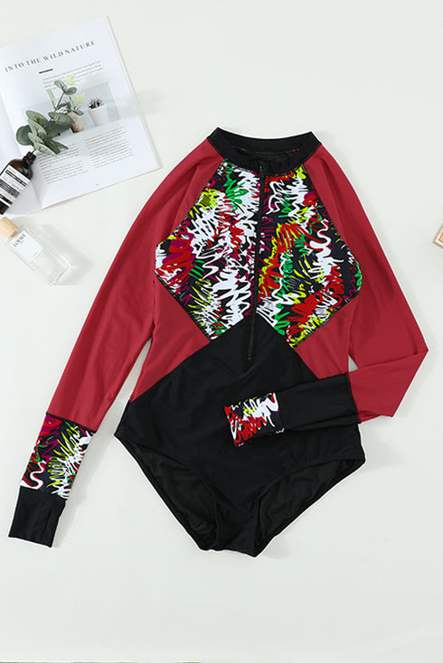 Long Sleeve Zip Front Abstract Print Surf Swimsuit