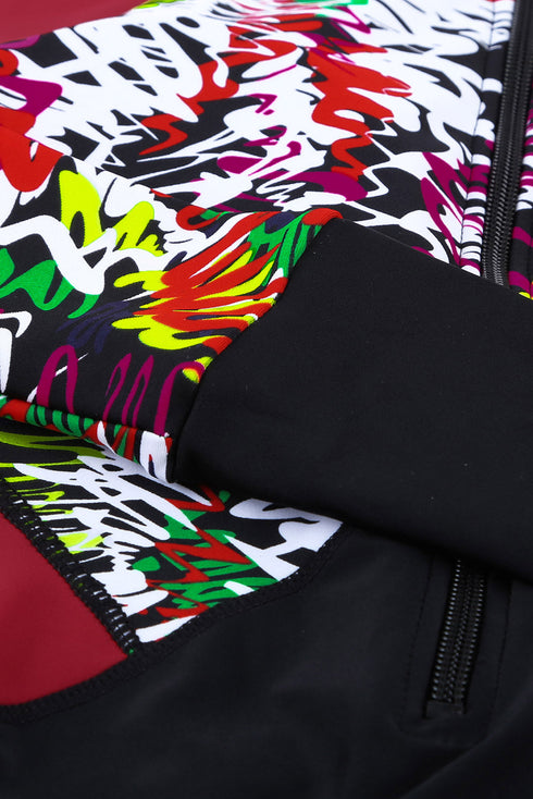 Long Sleeve Zip Front Abstract Print Surf Swimsuit