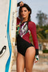 Long Sleeve Zip Front Abstract Print Surf Swimsuit