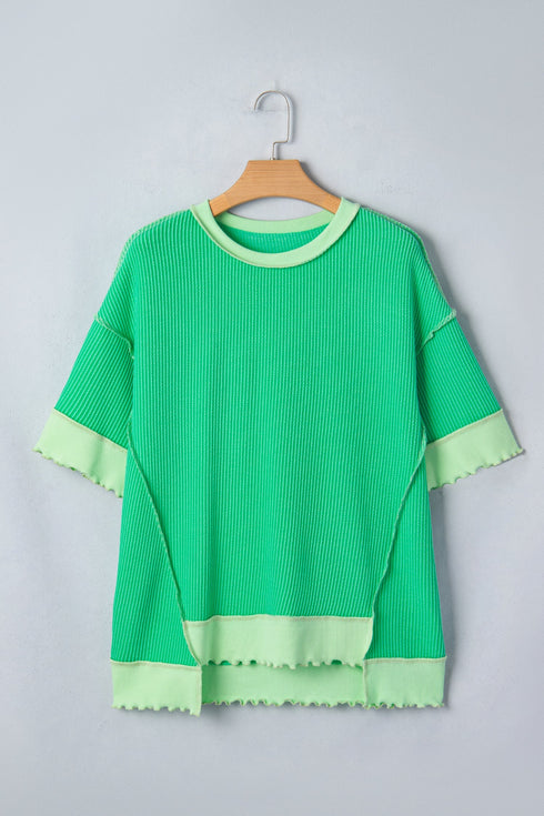 Loose Corded Ribbed Twist Front Uneven Hem T Shirt