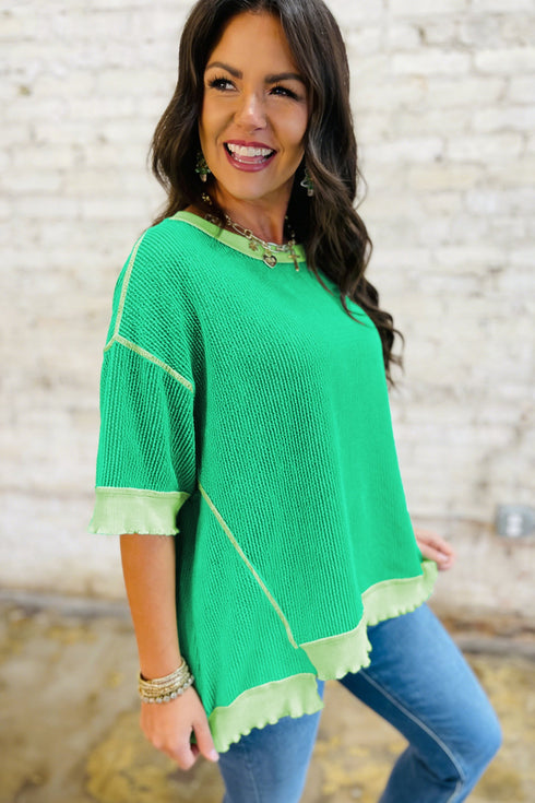 Loose Corded Ribbed Twist Front Uneven Hem T Shirt