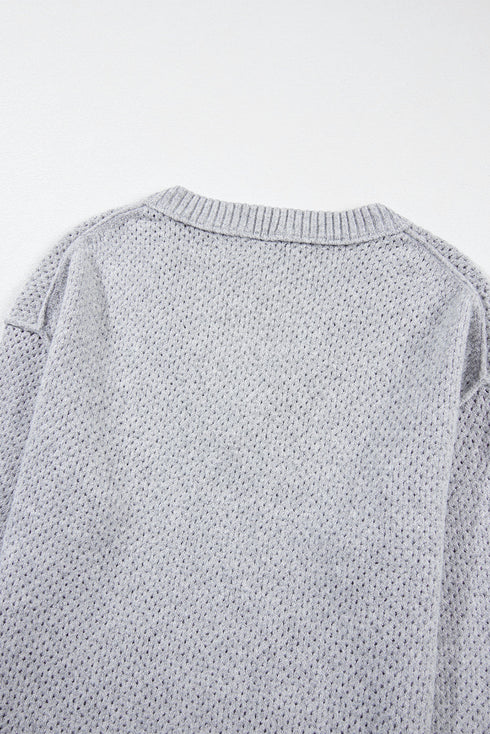 Loose Eyelet V Neck Drop Shoulder Sweater