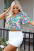 Loose Fit Botanical Print Square Neck Puff Sleeve Blouse