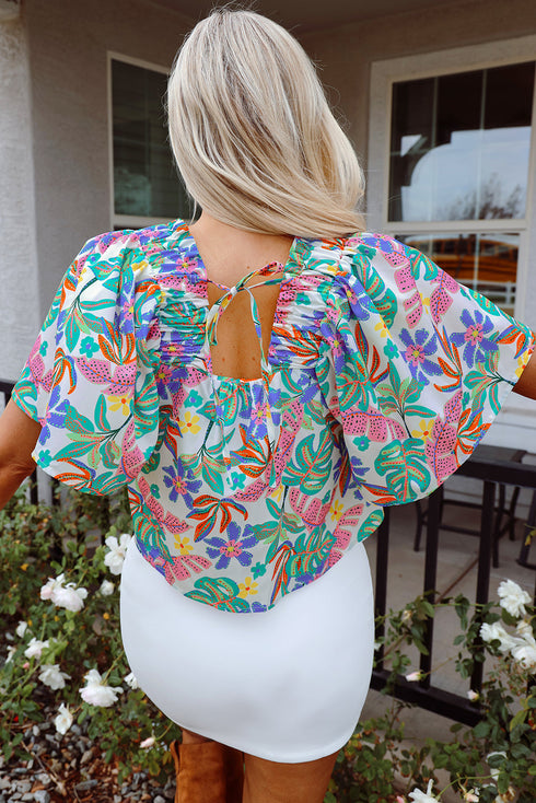 Loose Fit Botanical Print Square Neck Puff Sleeve Blouse