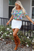 Loose Fit Botanical Print Square Neck Puff Sleeve Blouse