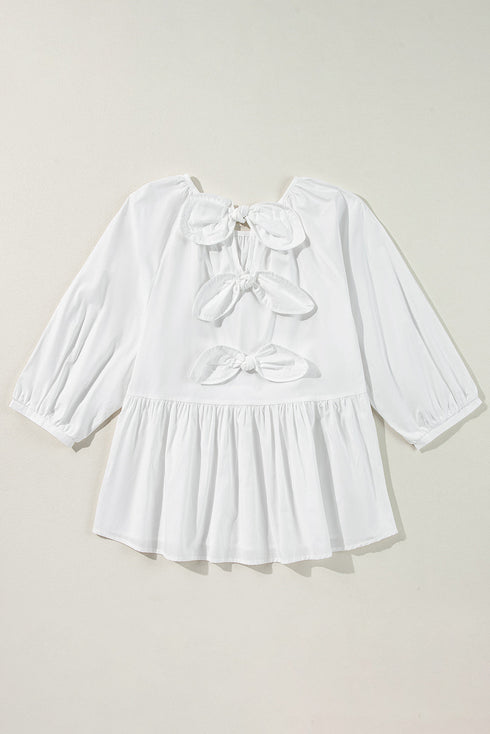 Loose Fit Cotton Cutout Back Bow Blouse
