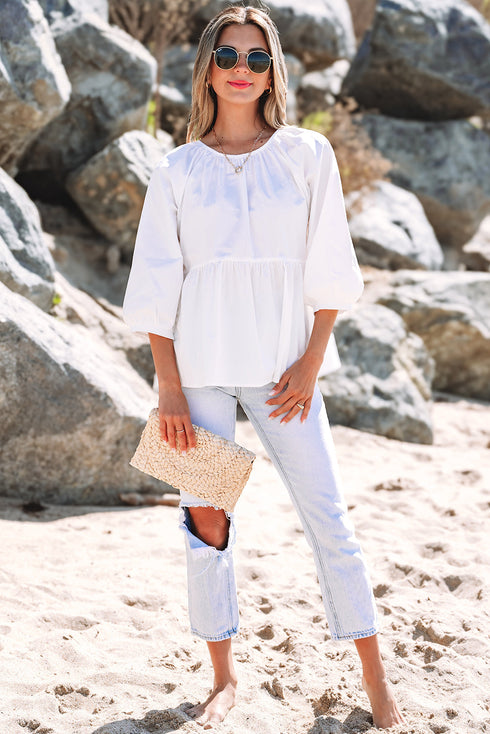 Loose Fit Cotton Cutout Back Bow Blouse