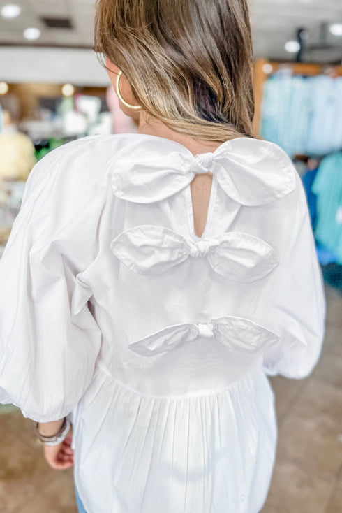 Loose Fit Cotton Cutout Back Bow Blouse
