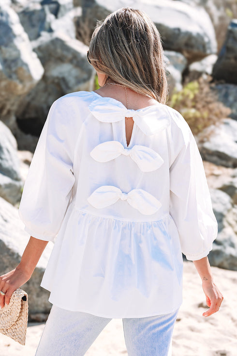 Loose Fit Cotton Cutout Back Bow Blouse
