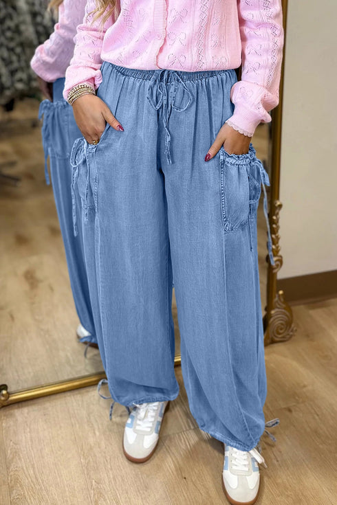 Loose Fit Drawstring Elastic Waist Wide Leg Jeans