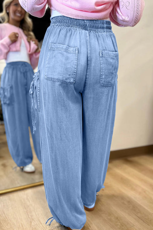 Loose Fit Drawstring Elastic Waist Wide Leg Jeans