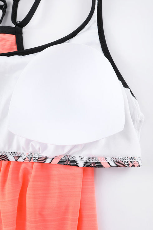 Loose Fit Geometric Trim Flowy Tankini Top