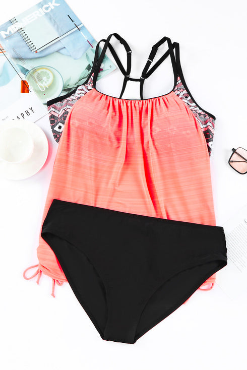 Loose Fit Geometric Trim Flowy Tankini Top