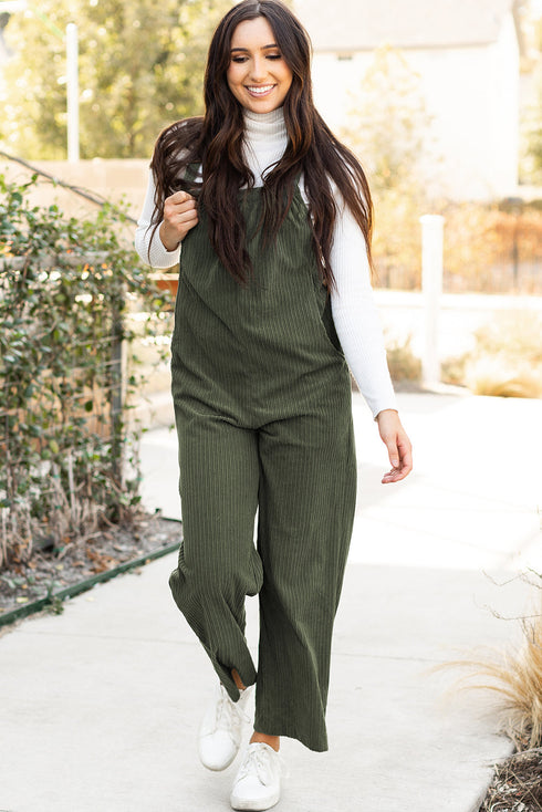 Loose Fit Pocketed Solid Corduroy Overall Jumpsuit