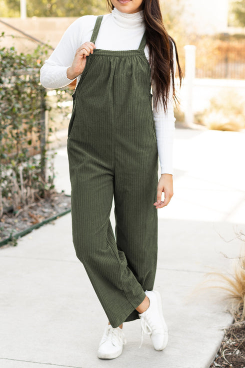 Loose Fit Pocketed Solid Corduroy Overall Jumpsuit