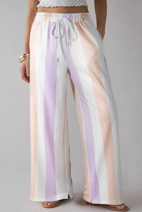 Loose Fit Stripe Print Drawstring Wide Leg Pants
