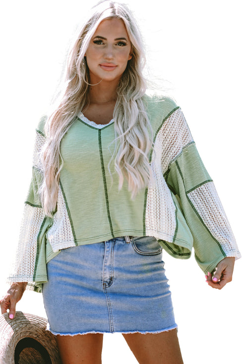 Loose Fit Textured Exposed Seam Crochet Accent Top