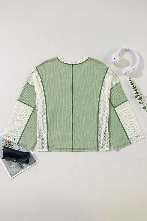 Loose Fit Textured Exposed Seam Crochet Accent Top