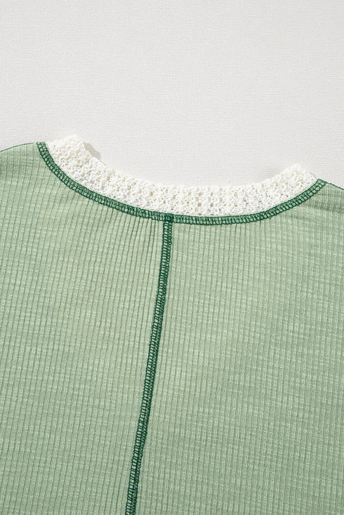 Loose Fit Textured Exposed Seam Crochet Accent Top