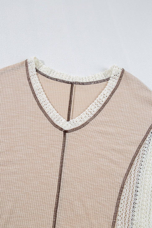 Loose Fit Textured Exposed Seam Crochet Accent Top
