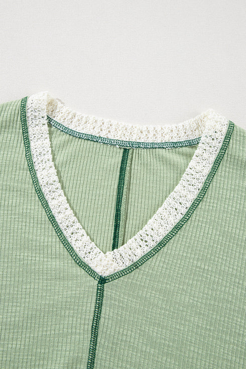 Loose Fit Textured Exposed Seam Crochet Accent Top