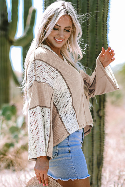 Loose Fit Textured Exposed Seam Crochet Accent Top