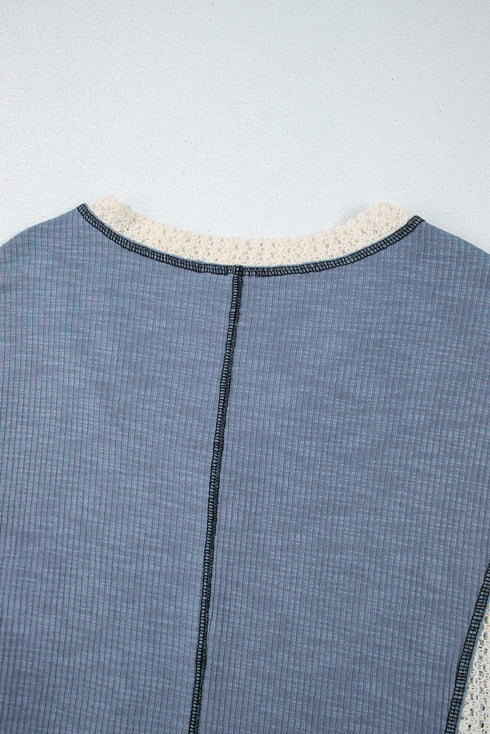 Loose Fit Textured Exposed Seam Crochet Accent Top