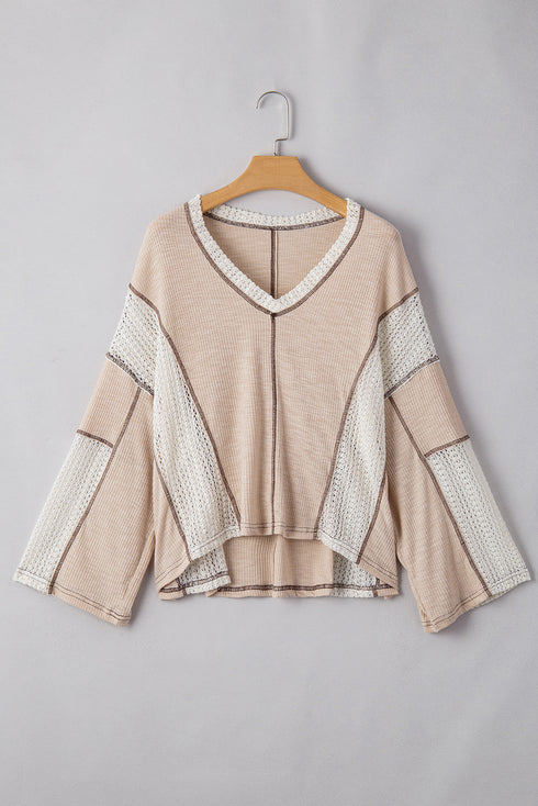 Loose Fit Textured Exposed Seam Crochet Accent Top