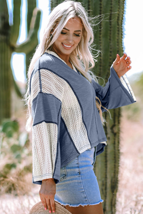 Loose Fit Textured Exposed Seam Crochet Accent Top
