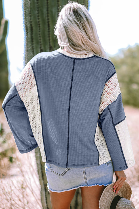 Loose Fit Textured Exposed Seam Crochet Accent Top