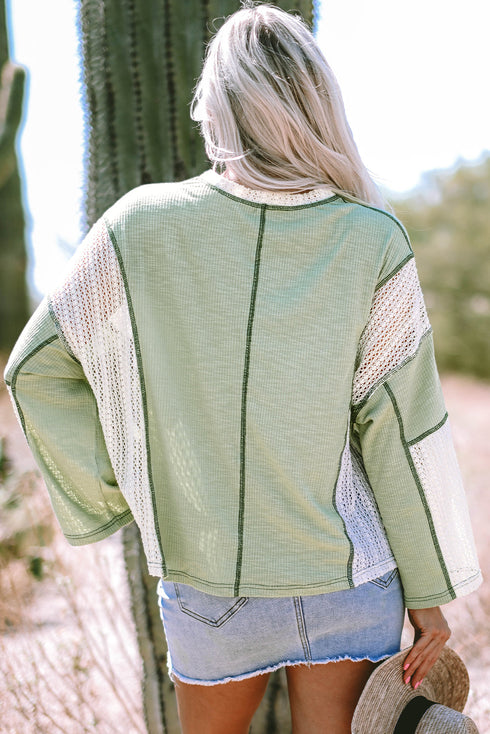 Loose Fit Textured Exposed Seam Crochet Accent Top