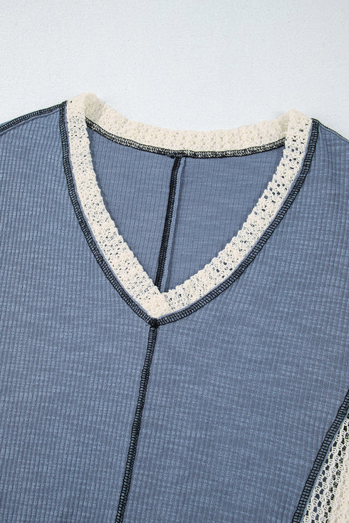 Loose Fit Textured Exposed Seam Crochet Accent Top