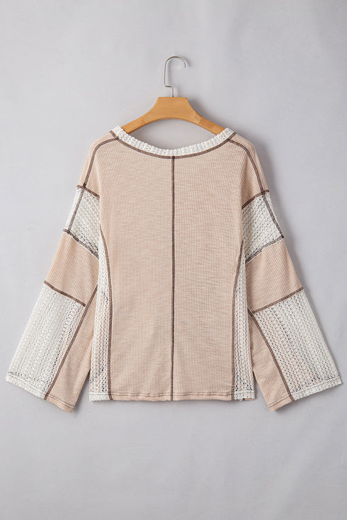 Loose Fit Textured Exposed Seam Crochet Accent Top