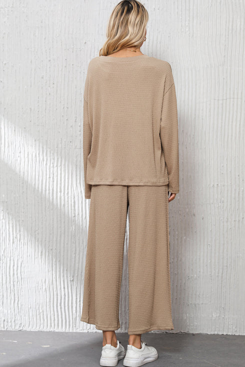 Loose Fit Textured Wide Leg Pullover And Pants Loungewear
