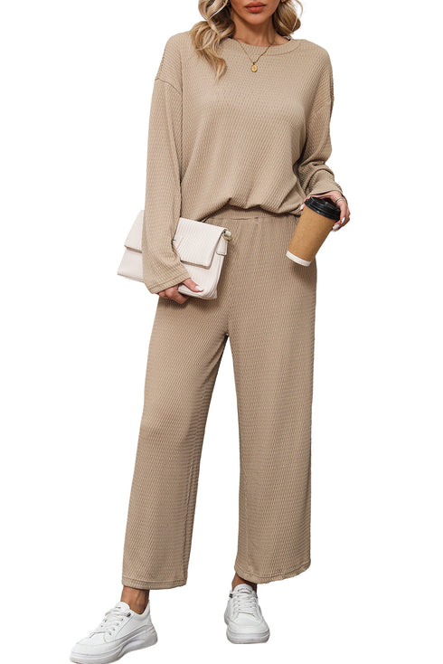 Loose Fit Textured Wide Leg Pullover And Pants Loungewear