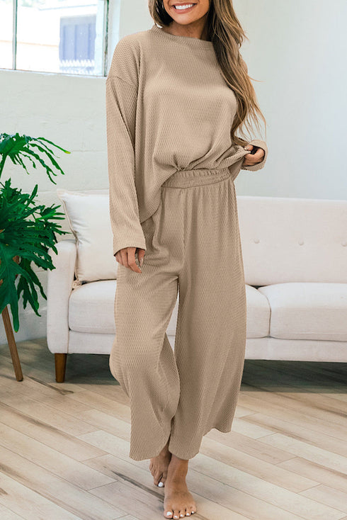 Loose Fit Textured Wide Leg Pullover And Pants Loungewear