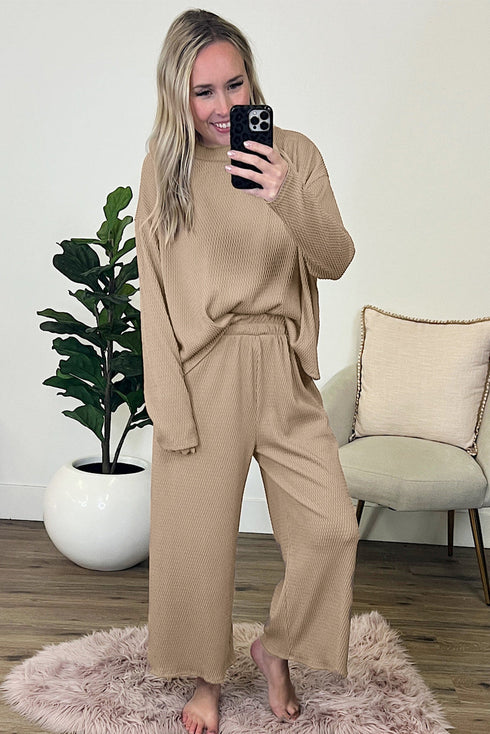 Loose Fit Textured Wide Leg Pullover And Pants Loungewear